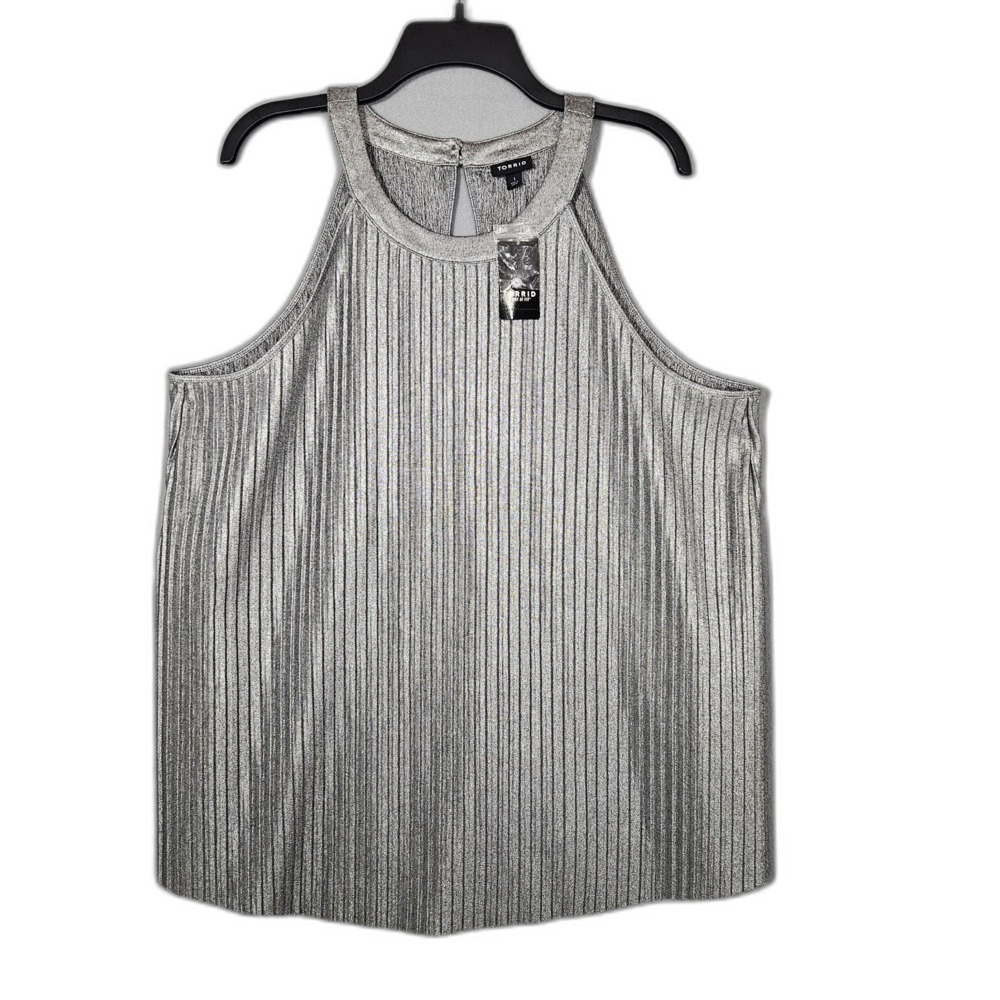New Torrid 1X Silver Metallic Godess Tank Pleated Swing Halter Tank Size 1